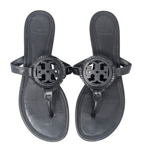 Tory Burch Miller Fringe Sandals Black Size 9 Logo Thong Leather Flat